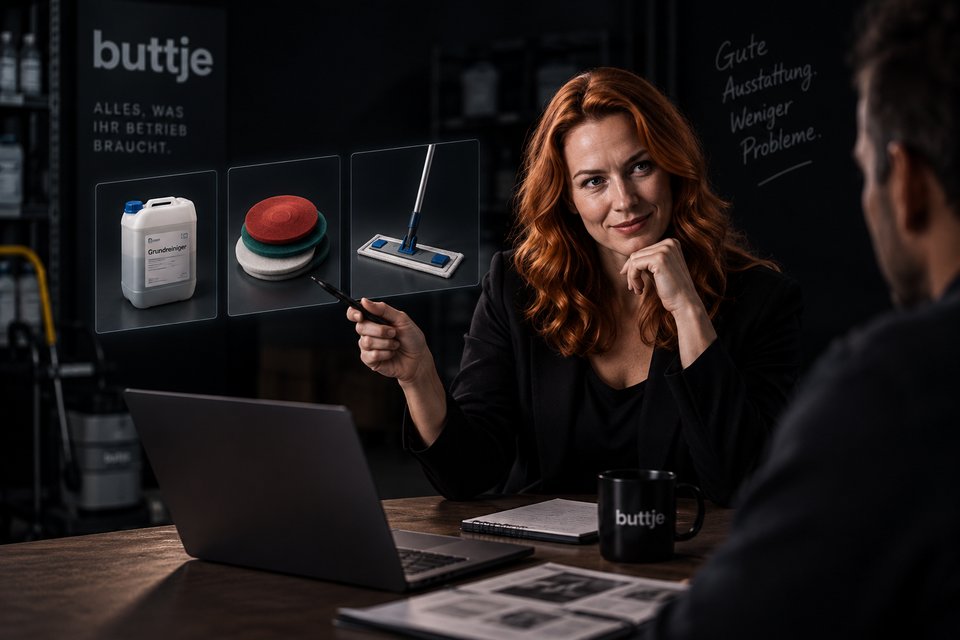 KI-generiert. Brigitte mit rotem Haar im schwarzen Blazer zeigt mit einem Stift auf schwebende Produktbilder: Grundreiniger, Maschinenpads und Flachmopp. Gegenüber sitzt ein Kunde, auf dem Tisch ein Laptop und eine buttje-Tasse.