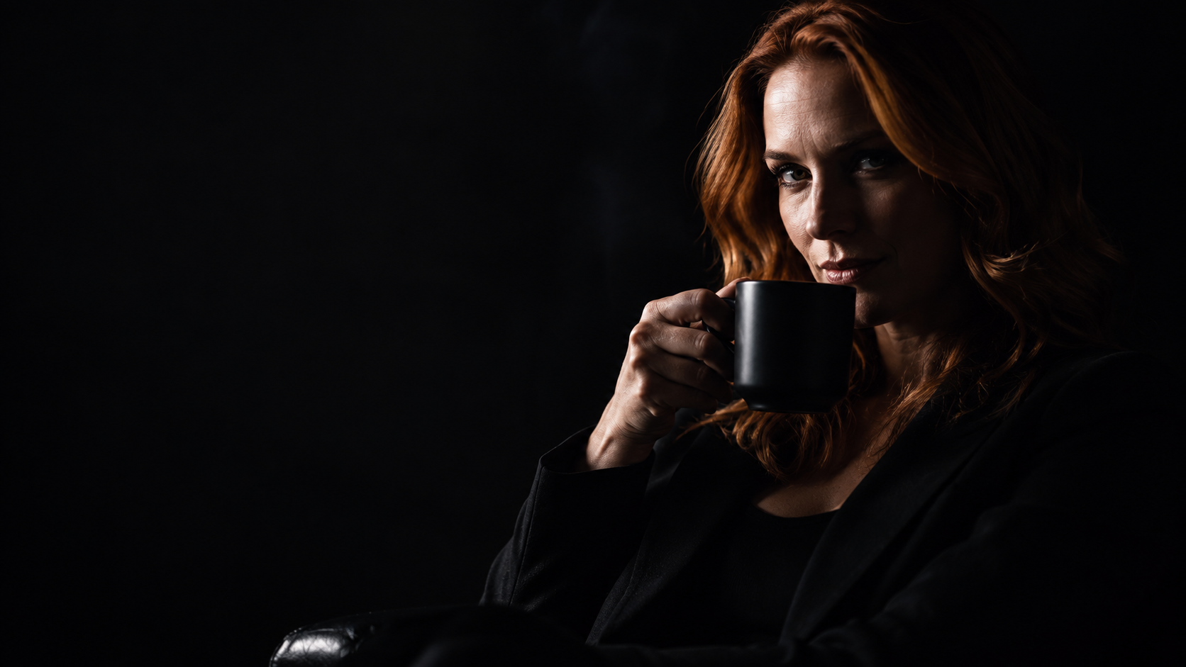 KI-generiert. Brigitte im Halbschatten, rotes Haar, schwarzer Blazer, eine schwarze Kaffeetasse in der Hand, Blick in die Kamera, vor schwarzem Grund.