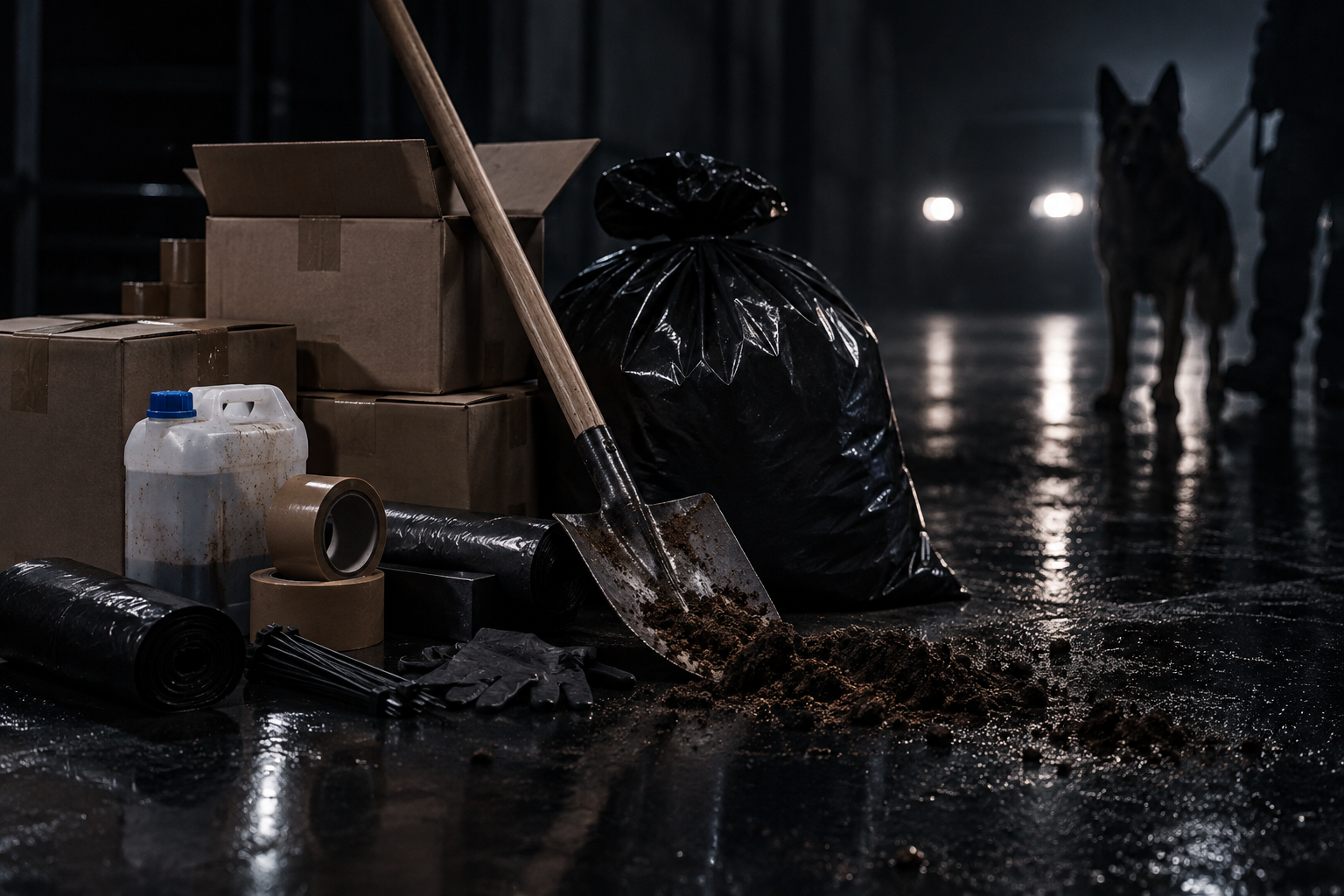 KI-generiert. Kartons, Kanister, Klebeband, Kabelbinder, Handschuhe, Müllsäcke und eine Schaufel mit Erde auf nassem Boden bei Nacht, im Hintergrund ein Spürhund mit Person vor Scheinwerfern.