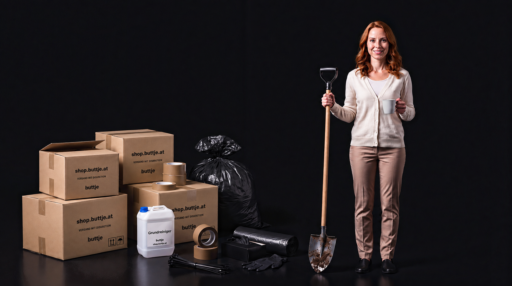 KI-generiert. Frau mit Spaten und Kaffeetasse neben Versandkartons, Kanister Grundreiniger, Müllsäcken, Klebeband, Kabelbindern und Handschuhen vor dunklem Hintergrund.