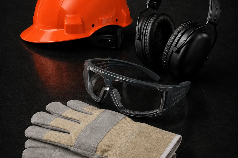 KI-generiert. Ein oranger Schutzhelm, Kapselgehörschutz, eine Schutzbrille und Arbeitshandschuhe vor dunklem Hintergrund.