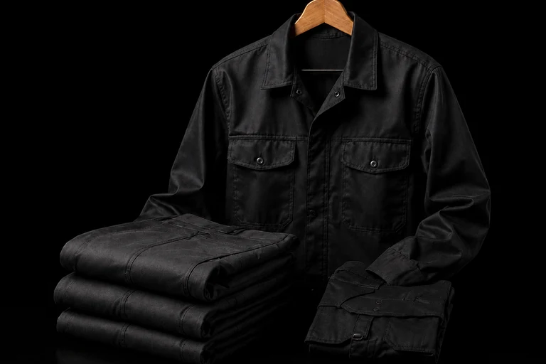 KI-generiert. Eine schwarze Arbeitsjacke auf einem Holzbügel, daneben ein Stapel gefalteter dunkler Arbeitskleidung.