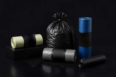 KI-generiert. Drei Rollen Müllsäcke in Grün, Grau und Blau, daneben ein gefüllter schwarzer Sack und eine liegende schwarze Rolle vor dunklem Hintergrund.