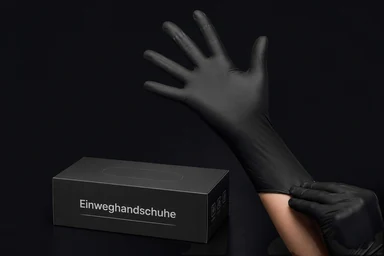KI-generiert. Eine Hand in schwarzem Einweghandschuh neben einer schwarzen Schachtel mit der Aufschrift Einweghandschuhe.