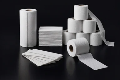 KI-generiert. Gestapelte Toilettenpapierrollen, eine Küchenrolle und ein Stapel gefalteter Papierhandtücher vor dunklem Hintergrund.