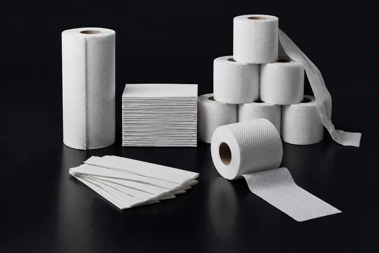 KI-generiert. Gestapelte Toilettenpapierrollen, eine Küchenrolle und ein Stapel gefalteter Papierhandtücher vor dunklem Hintergrund.