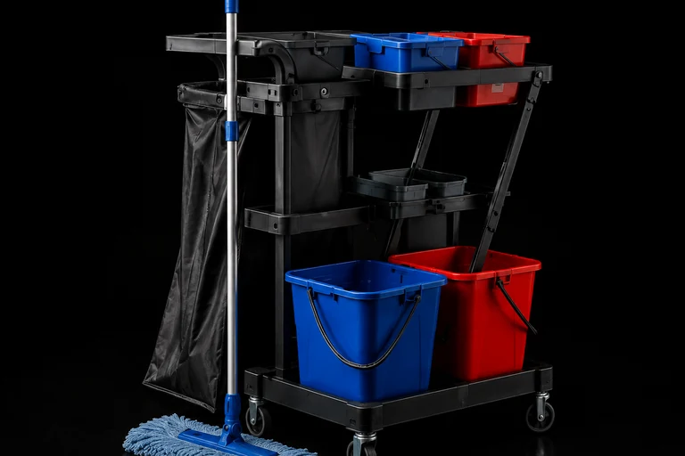 KI-generiert. Ein schwarzer Reinigungswagen mit blauen und roten Eimern, Müllsackhalter und einem Flachmopp mit blauem Stiel.