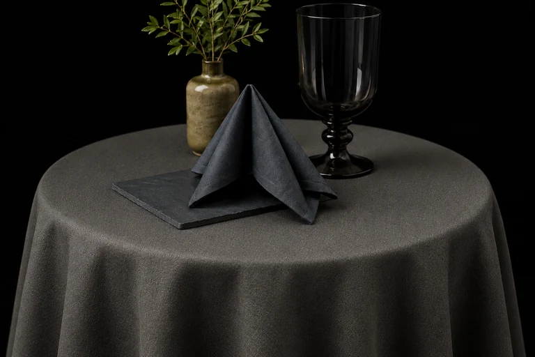 KI-generiert. Ein runder Tisch mit grauer Tischdecke, gefalteter dunkler Serviette, Kelchglas und einer kleinen Vase mit Zweigen.